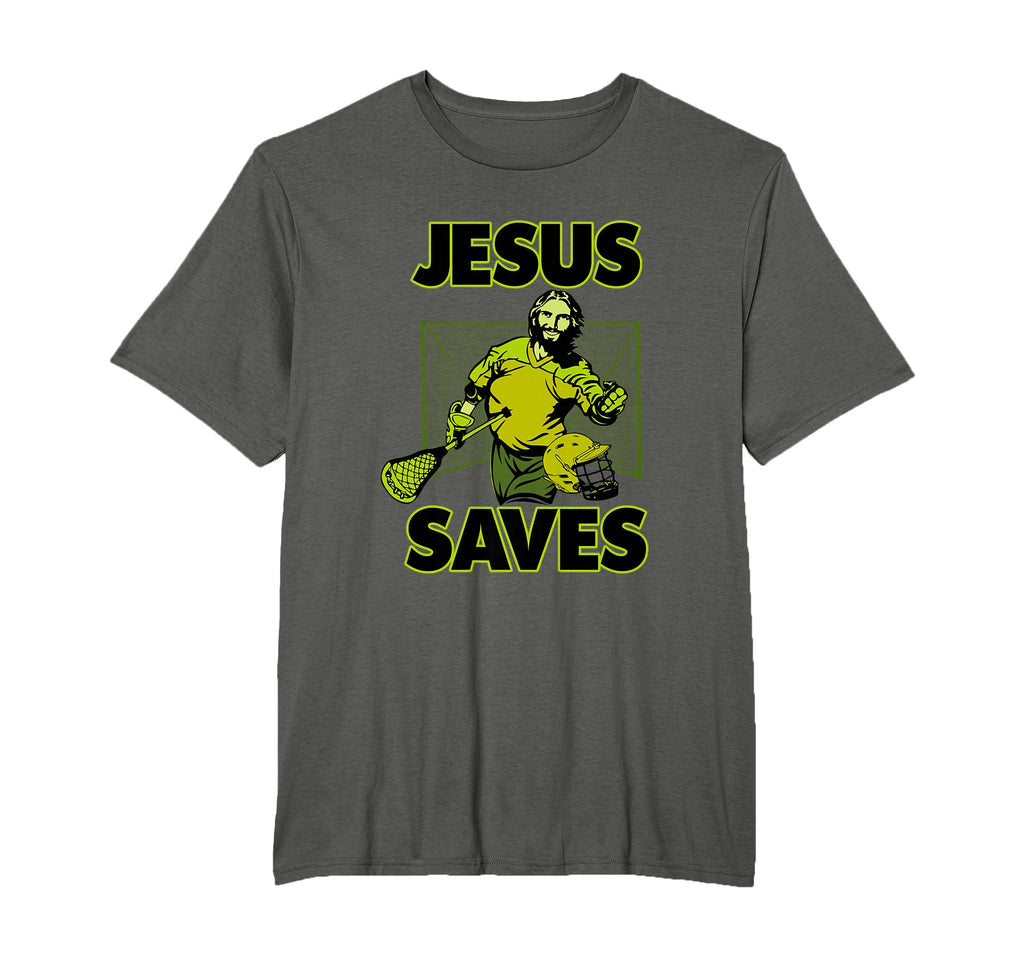 Sport grey unisex T-shirt with yellow "JESUS SAVES" goalie graphic