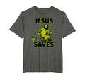 Sport grey unisex T-shirt with yellow "JESUS SAVES" goalie graphic