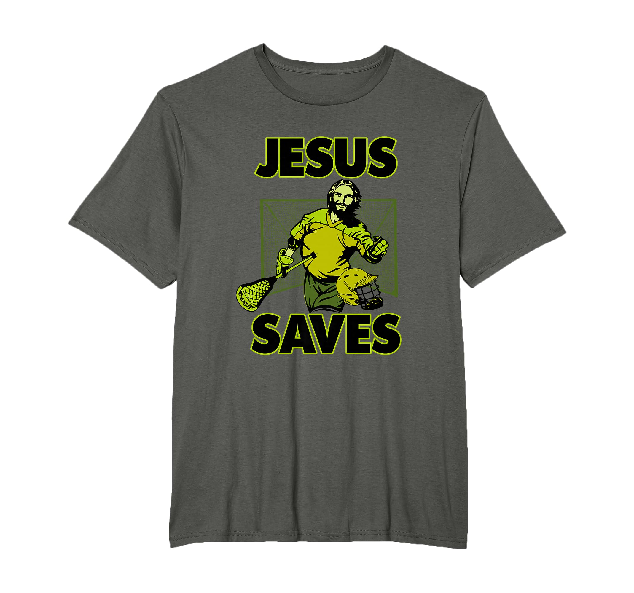 Sport grey unisex T-shirt with yellow "JESUS SAVES" goalie graphic
