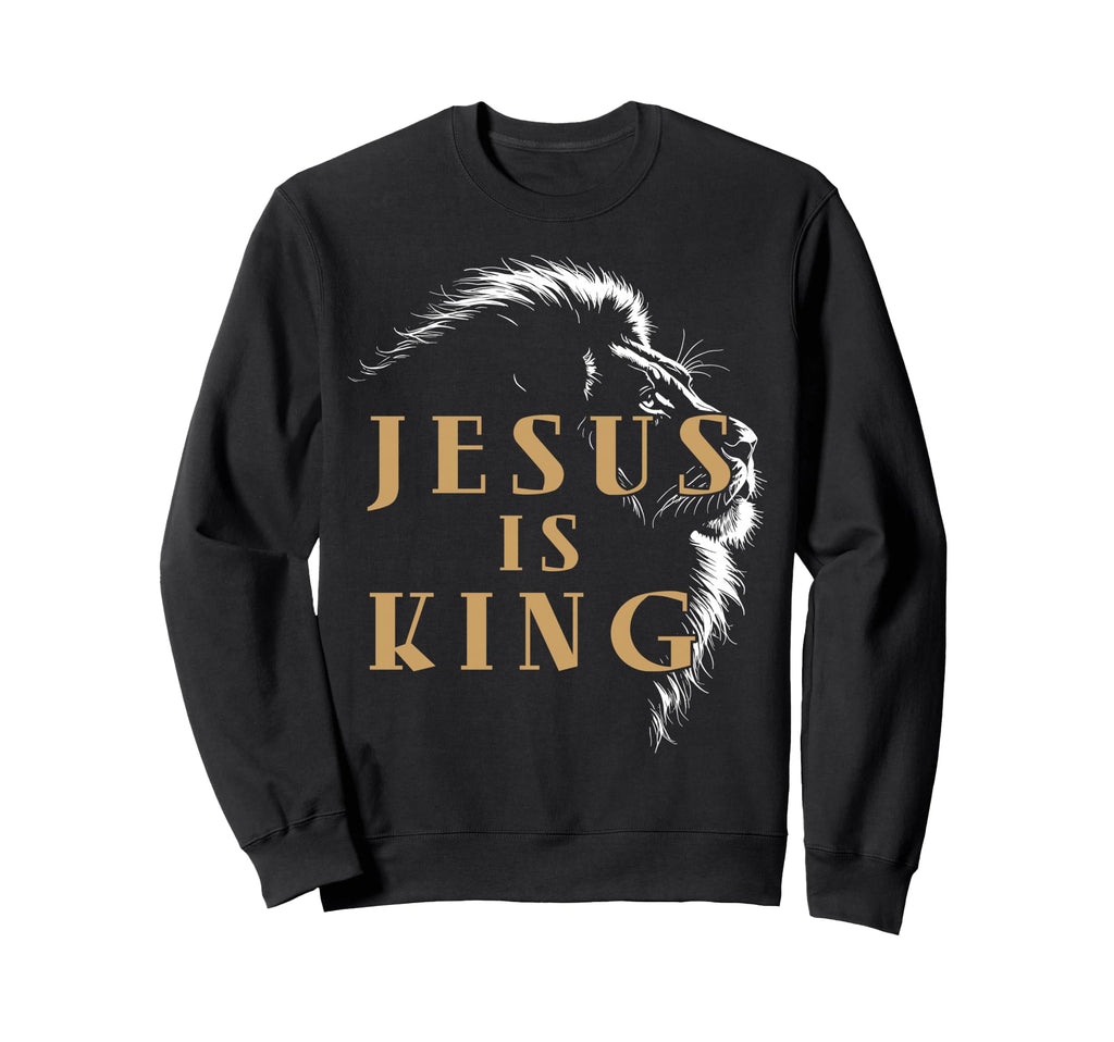 Black sweatshirt with lion head graphic and gold 'Jesus is King' text.