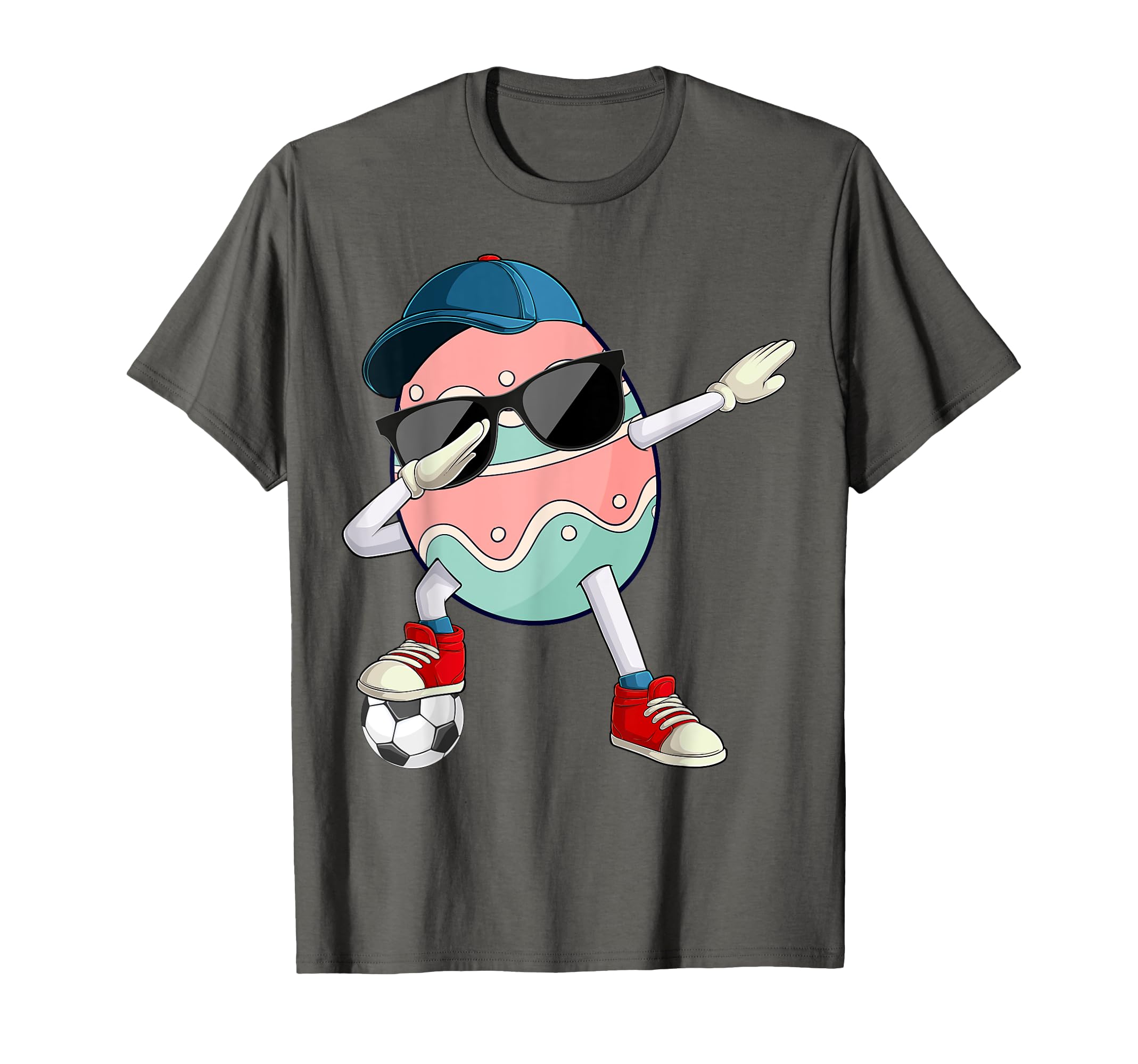 Dark gray T-shirt with cartoon dabbing Easter egg soccer graphic on front