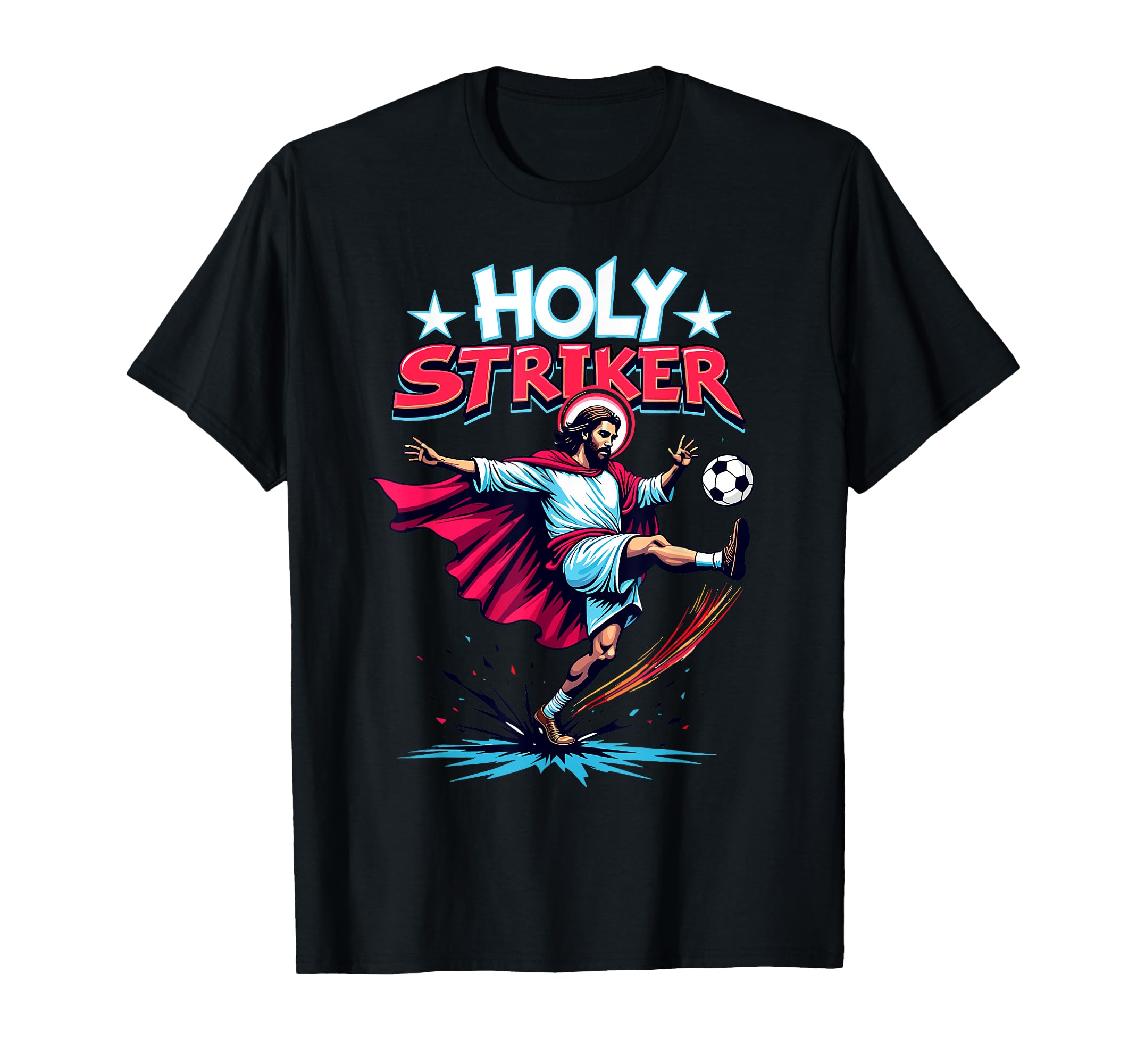 Black T-shirt with colorful Holy Striker soccer graphic on the front