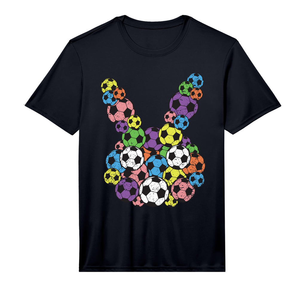 Black unisex T-shirt with colorful soccer-ball bunny head graphic on chest