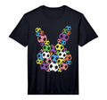 Black unisex T-shirt with colorful soccer-ball bunny head graphic on chest