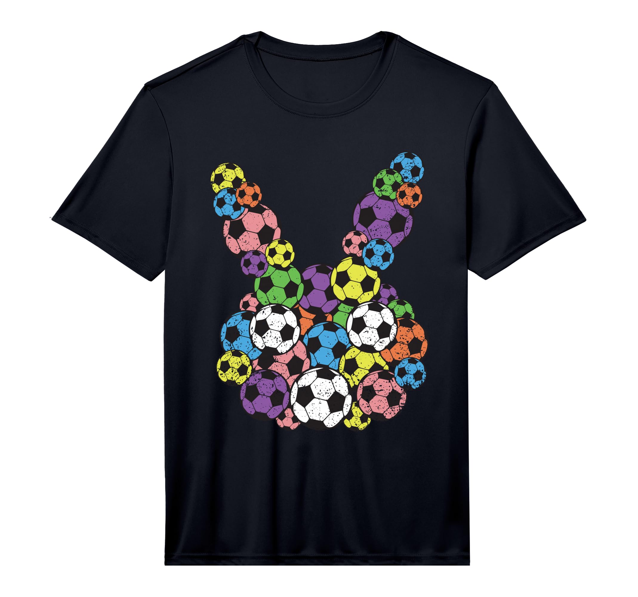 Black unisex T-shirt with colorful soccer-ball bunny head graphic on chest