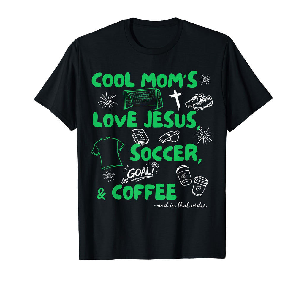 Black T-shirt with green soccer, Jesus, and coffee graphic