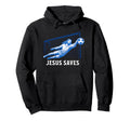 Black unisex hoodie with front pocket and 'Jesus saves' goalie graphic
