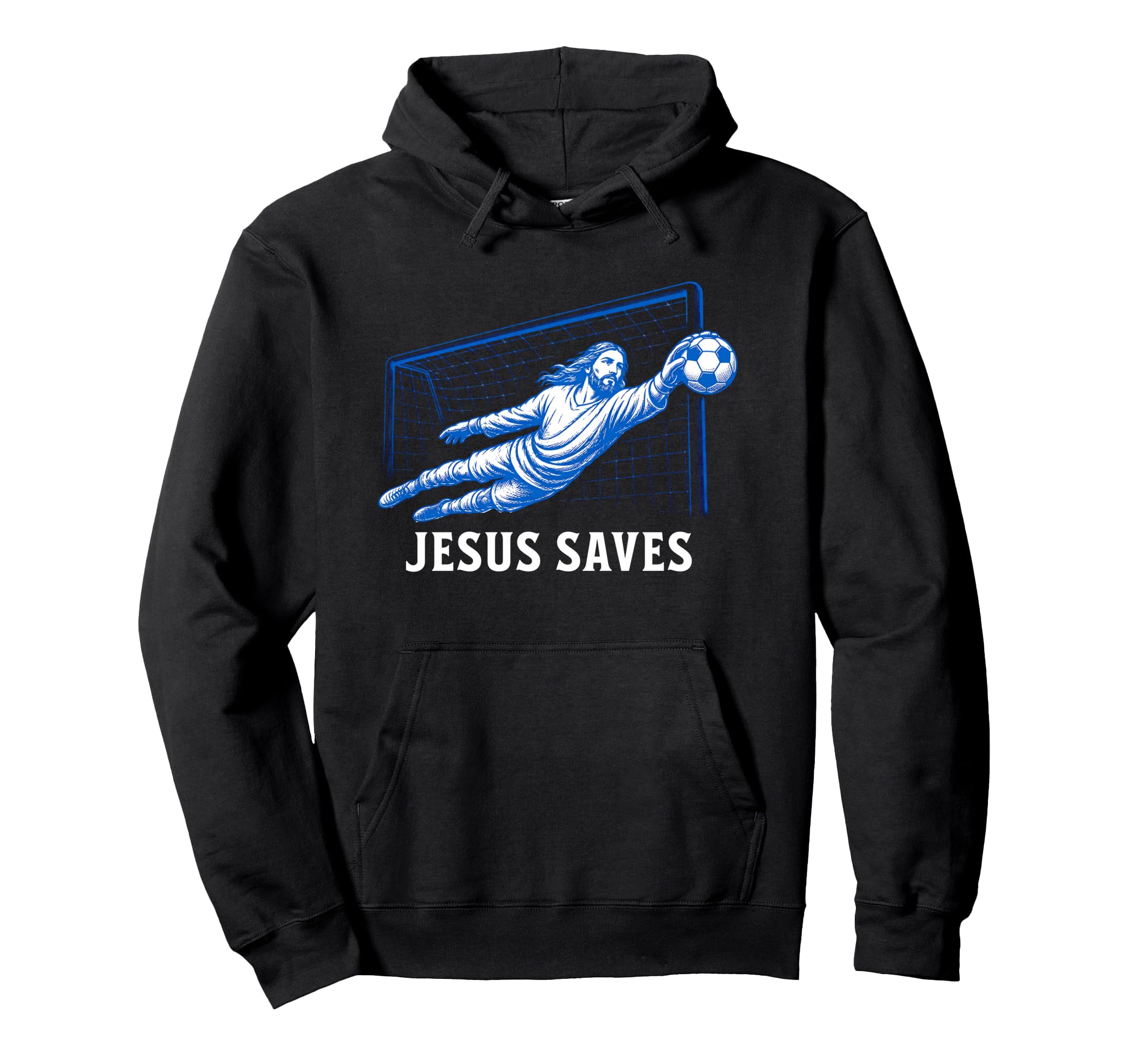 Black unisex hoodie with front pocket and 'Jesus saves' goalie graphic