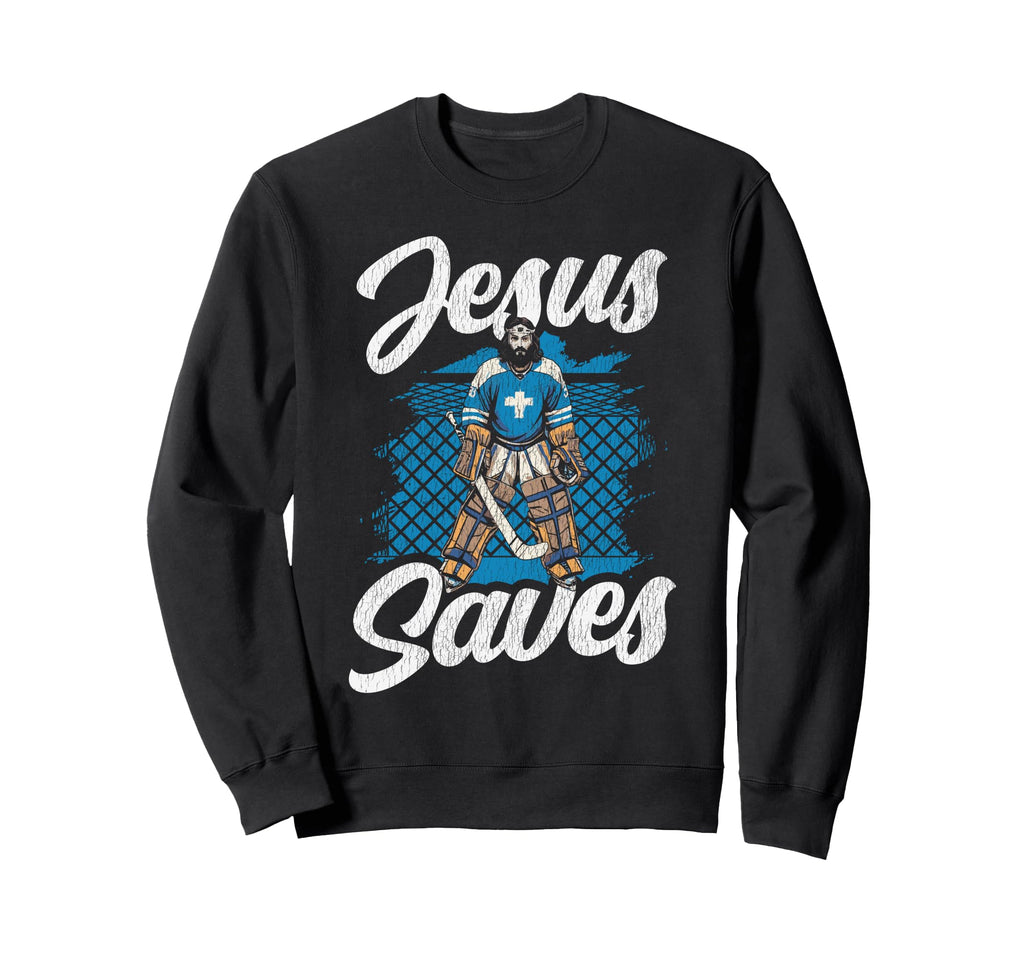 Black crewneck sweatshirt with “Jesus saves” goalkeeper graphic