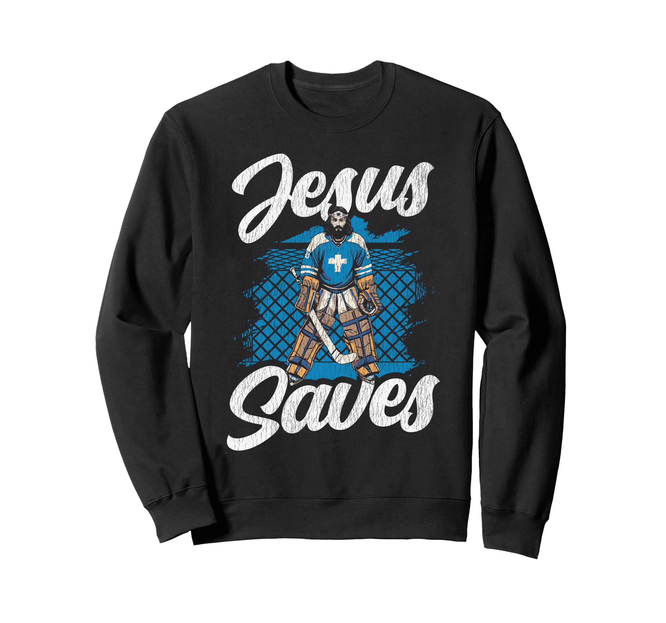 Black crewneck sweatshirt with “Jesus saves” goalkeeper graphic