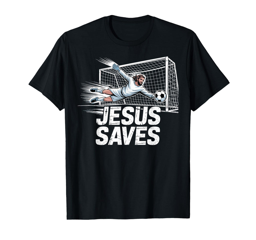 Black T-shirt with goalie graphic and 'JESUS SAVES' text print