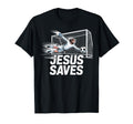 Black T-shirt with goalie graphic and 'JESUS SAVES' text print