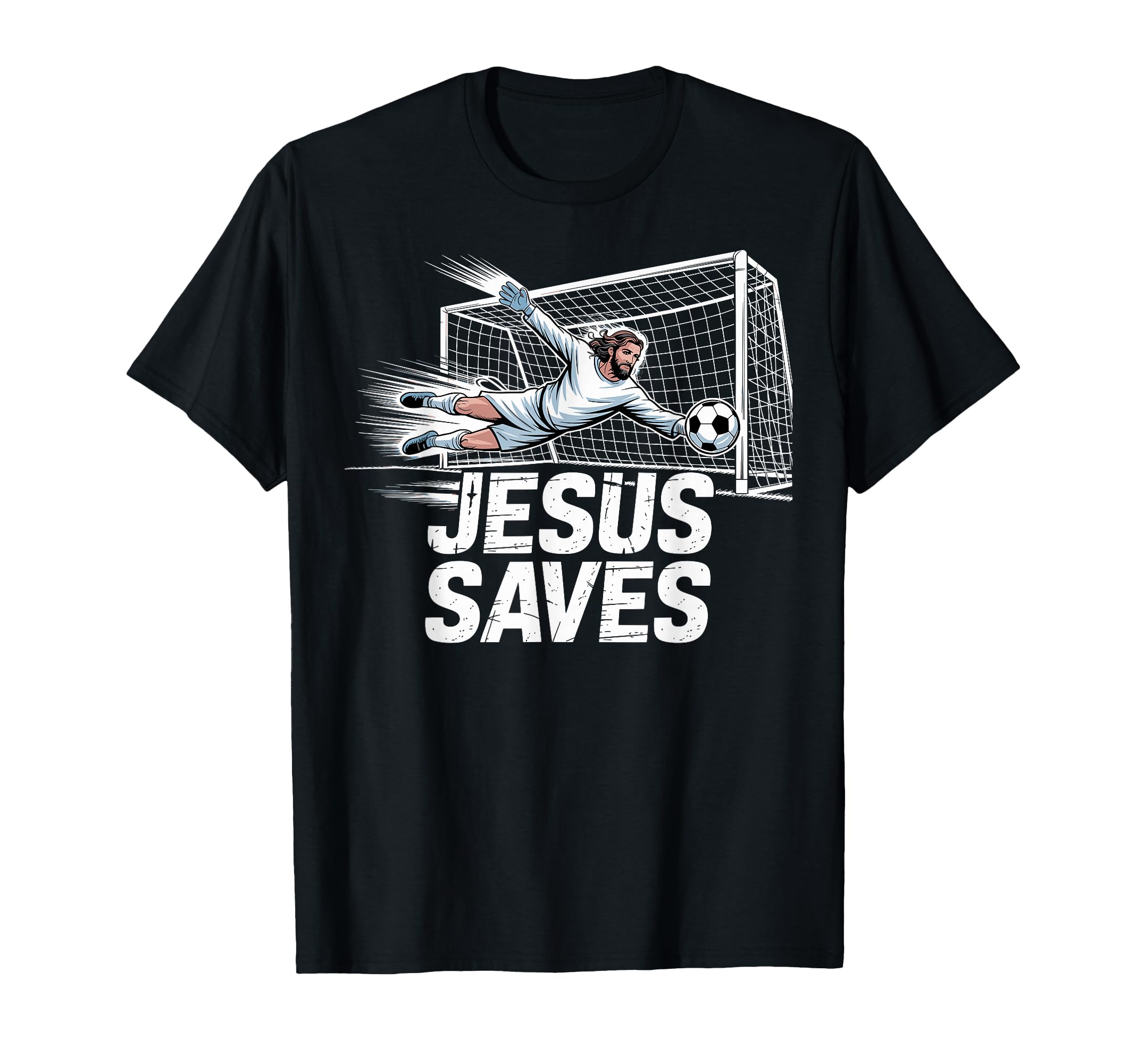 Black T-shirt with goalie graphic and 'JESUS SAVES' text print
