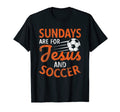 Black T-shirt with orange and white 'Sundays are for Jesus and soccer' graphic