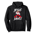 Black Jesus graphic hockey goalie hoodie with large front text design