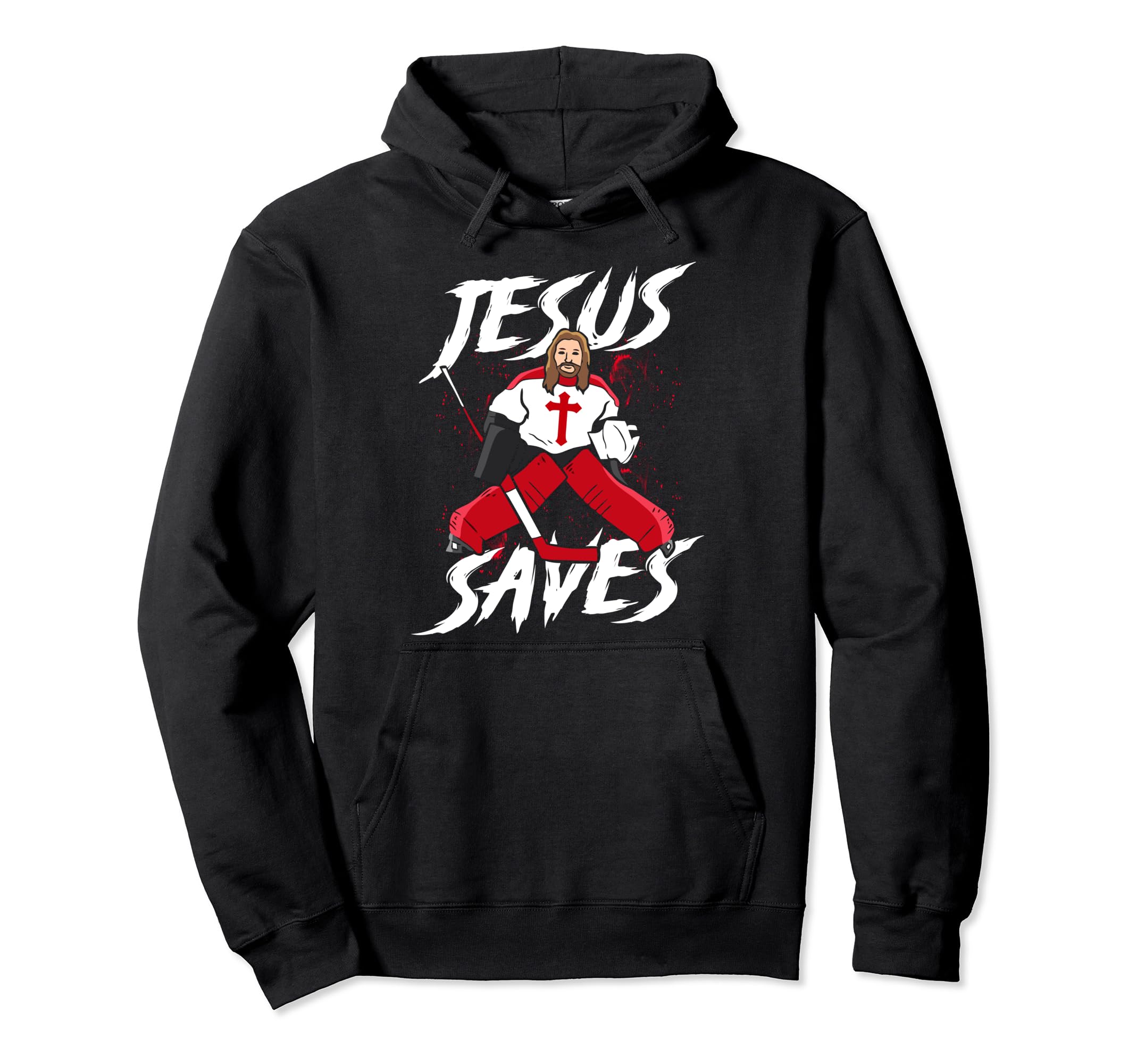 Black Jesus graphic hockey goalie hoodie with large front text design