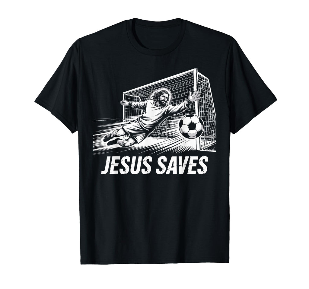Black unisex T-shirt with goalie Jesus 'JESUS SAVES' print