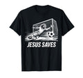 Black unisex T-shirt with goalie Jesus 'JESUS SAVES' print