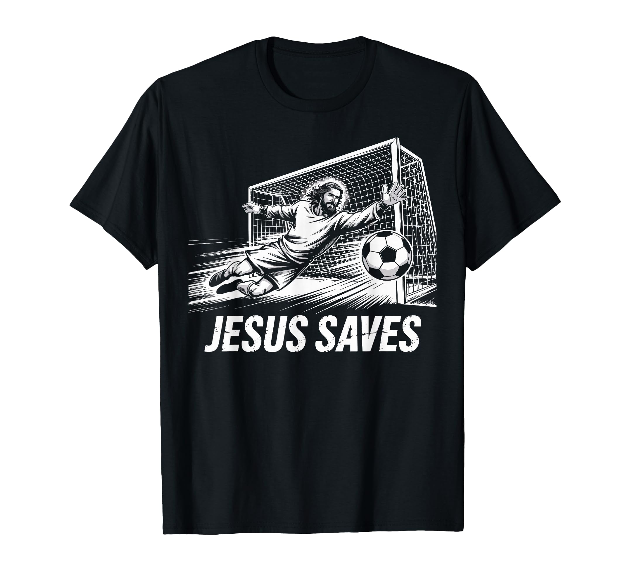 Black unisex T-shirt with goalie Jesus 'JESUS SAVES' print