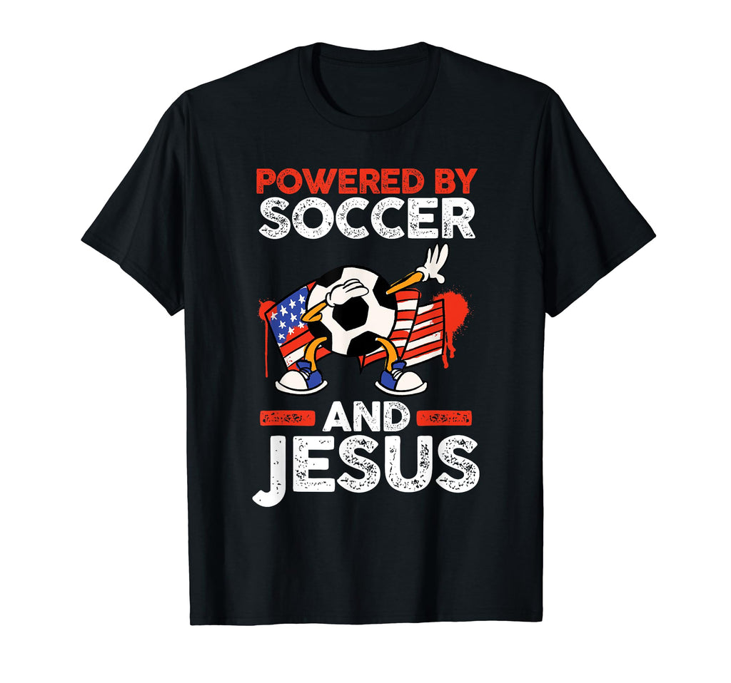 Unisex black T-shirt with 'Powered by Soccer and Jesus' graphic print