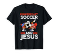 Unisex black T-shirt with 'Powered by Soccer and Jesus' graphic print