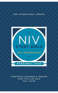 Personal-size NIV Study Bible paperback, blue cover with NIV and study label