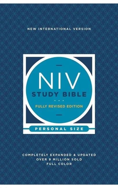 Personal-size NIV Study Bible paperback, blue cover with NIV and study label