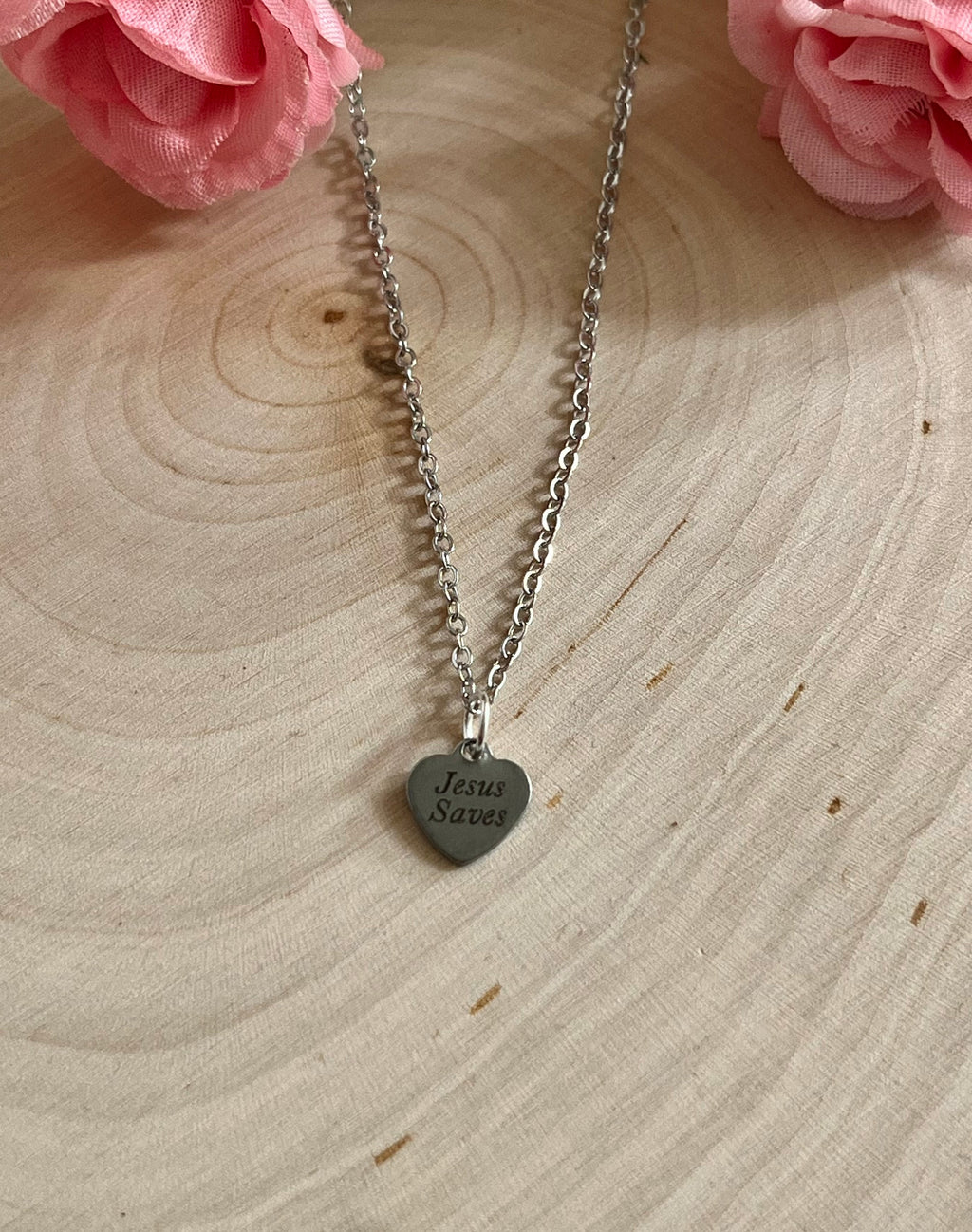 Silver chain necklace with small round Jesus Saves pendant