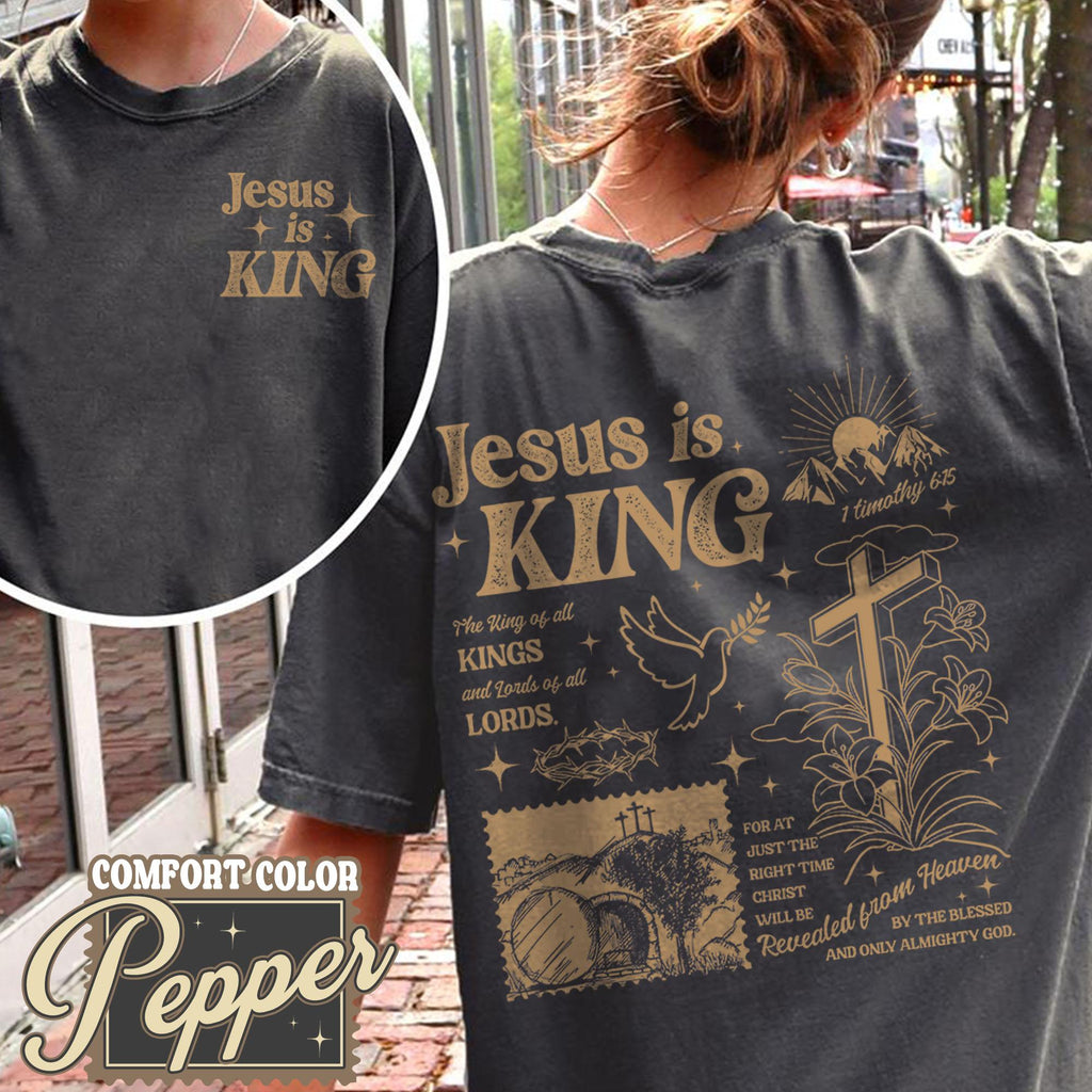 Pepper black Christian T-shirt with 'Jesus is KING' gold religious graphic, crew neck