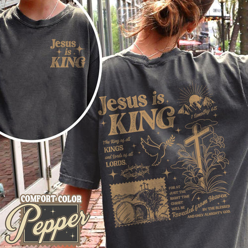 Pepper black Christian T-shirt with 'Jesus is KING' gold religious graphic, crew neck