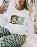 White crewneck sweatshirt with printed cartoon dog and "Filthy Animal" text on front.