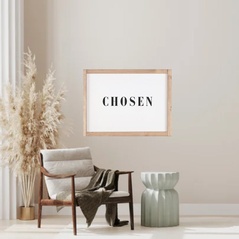 Wood-framed wall art with centered “CHOSEN” lettering