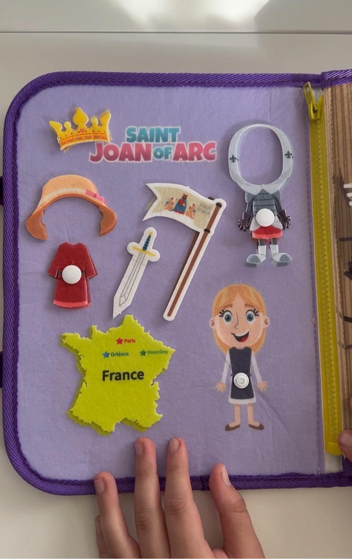 Felt busy book page with Saint Joan of Arc, France map, and moveable character pieces