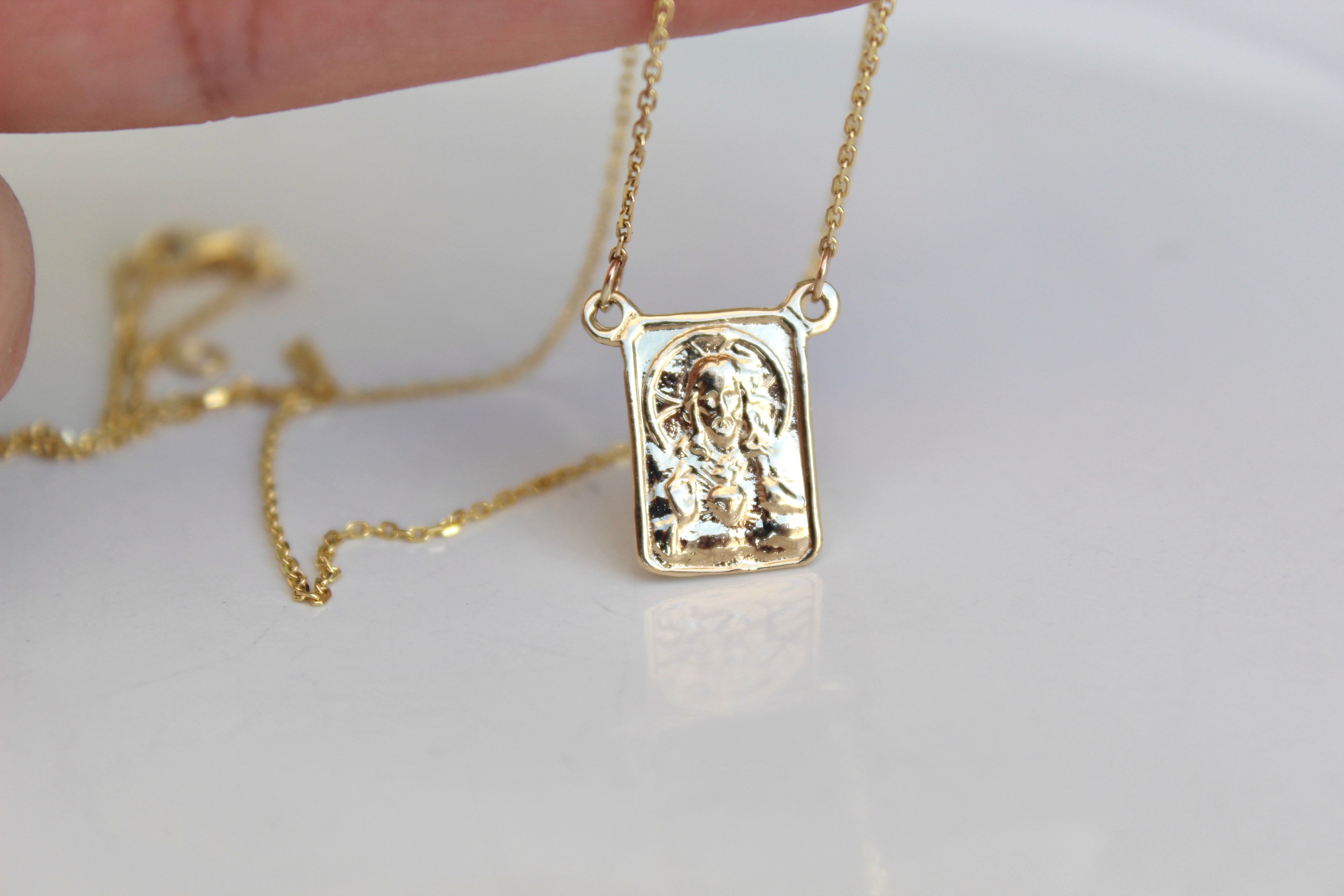 14K gold scapular pendant necklace, rectangular square charm with raised saint image