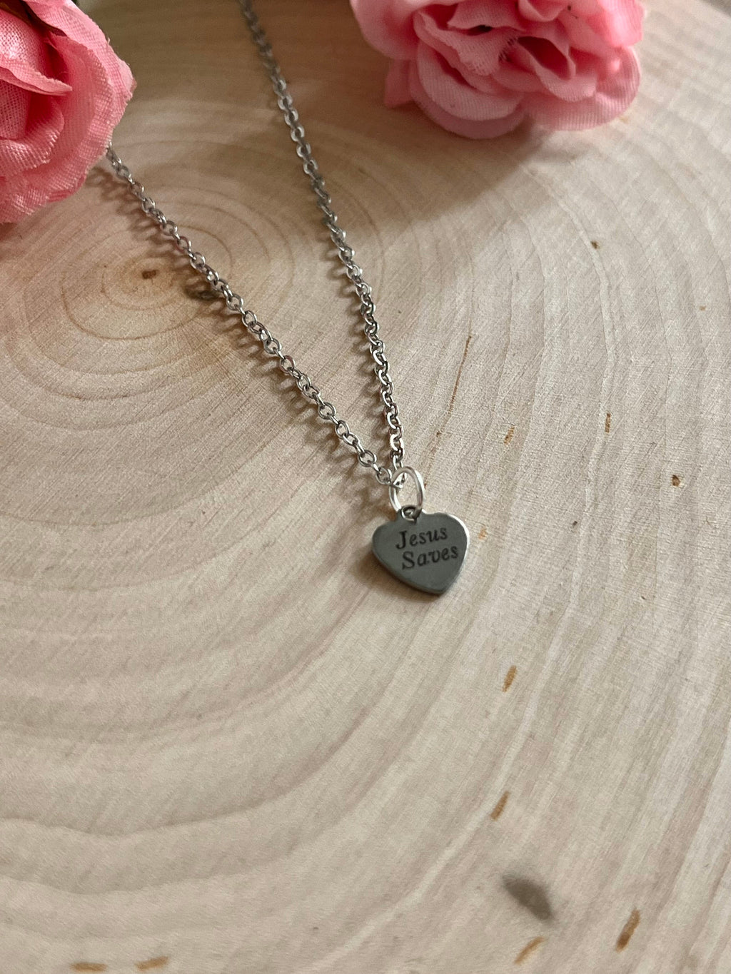 Silver chain necklace with round Jesus Saves pendant charm