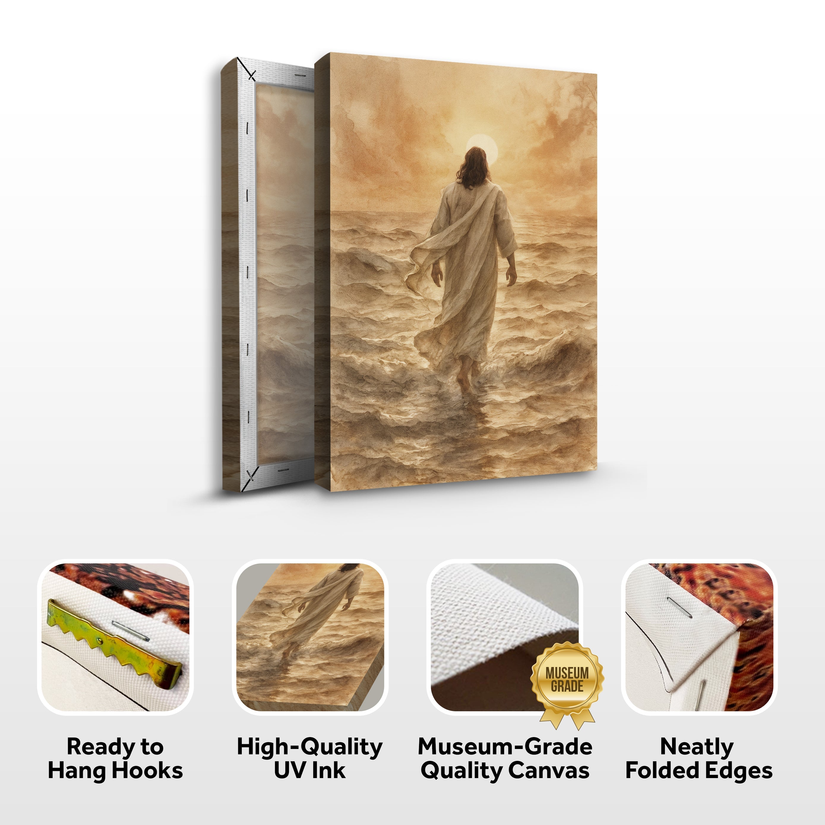 Faith wall art canvas showing Jesus walking on water, with packaging side panels