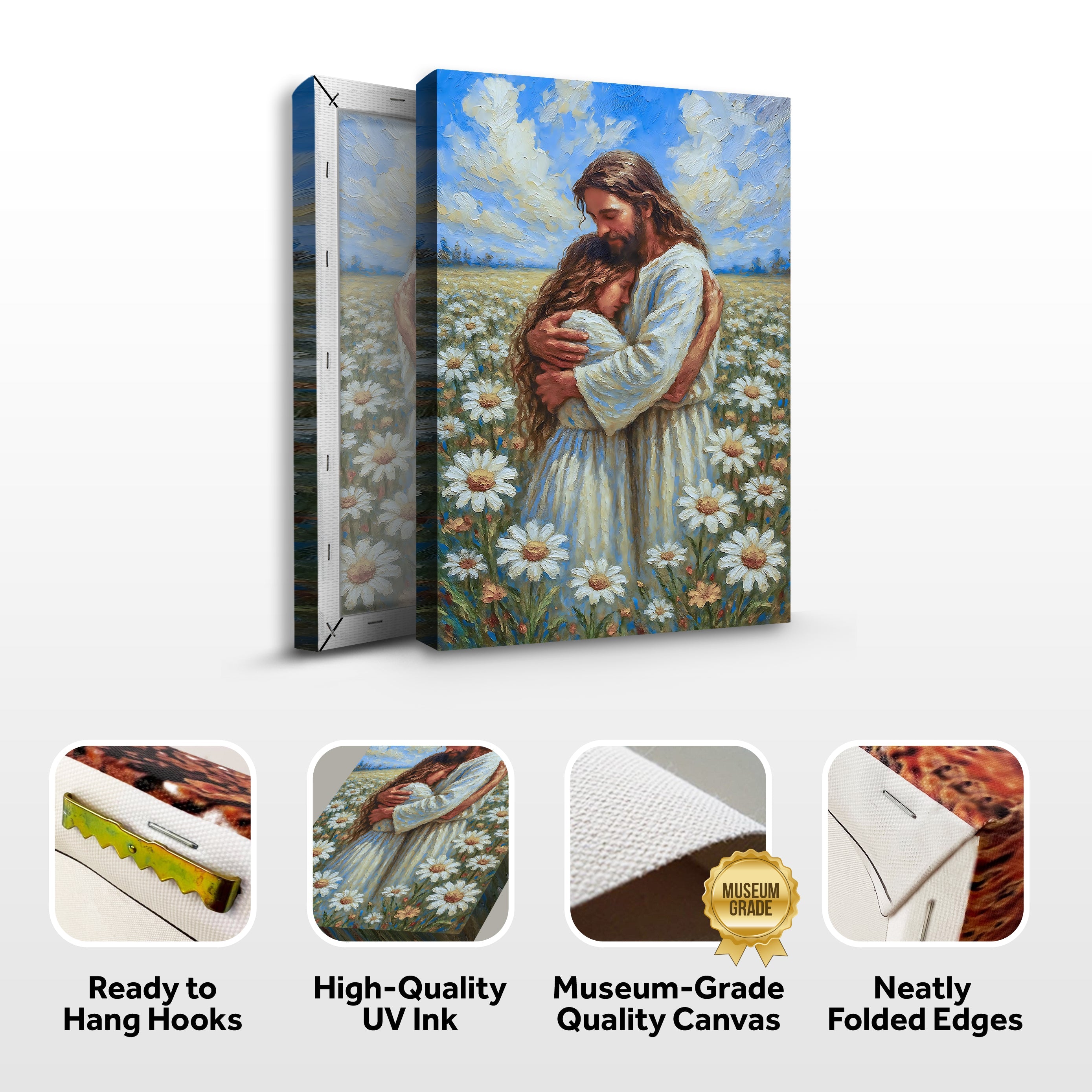 Folded canvas wall art with hang hooks, UV ink, and museum-grade quality icons