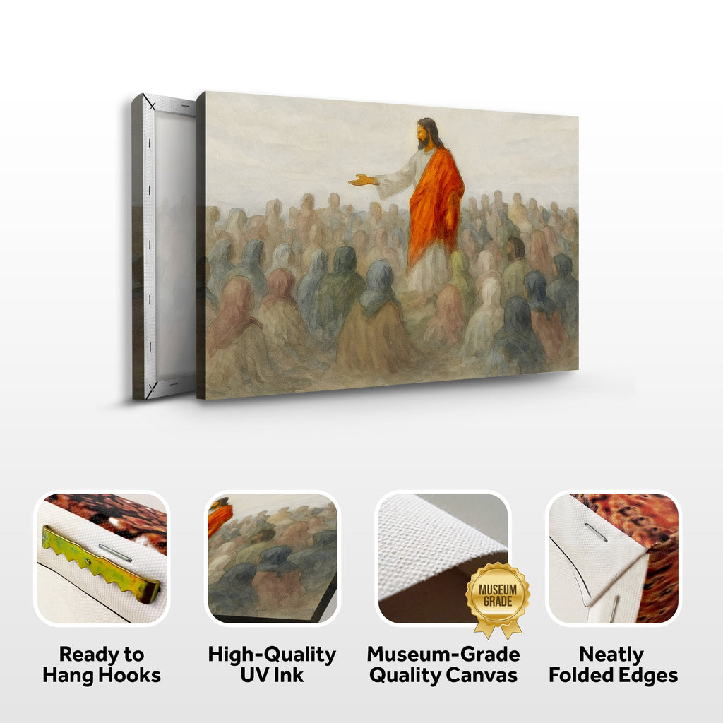 Landscape canvas wall art with a robed figure and crowd, shown packaged