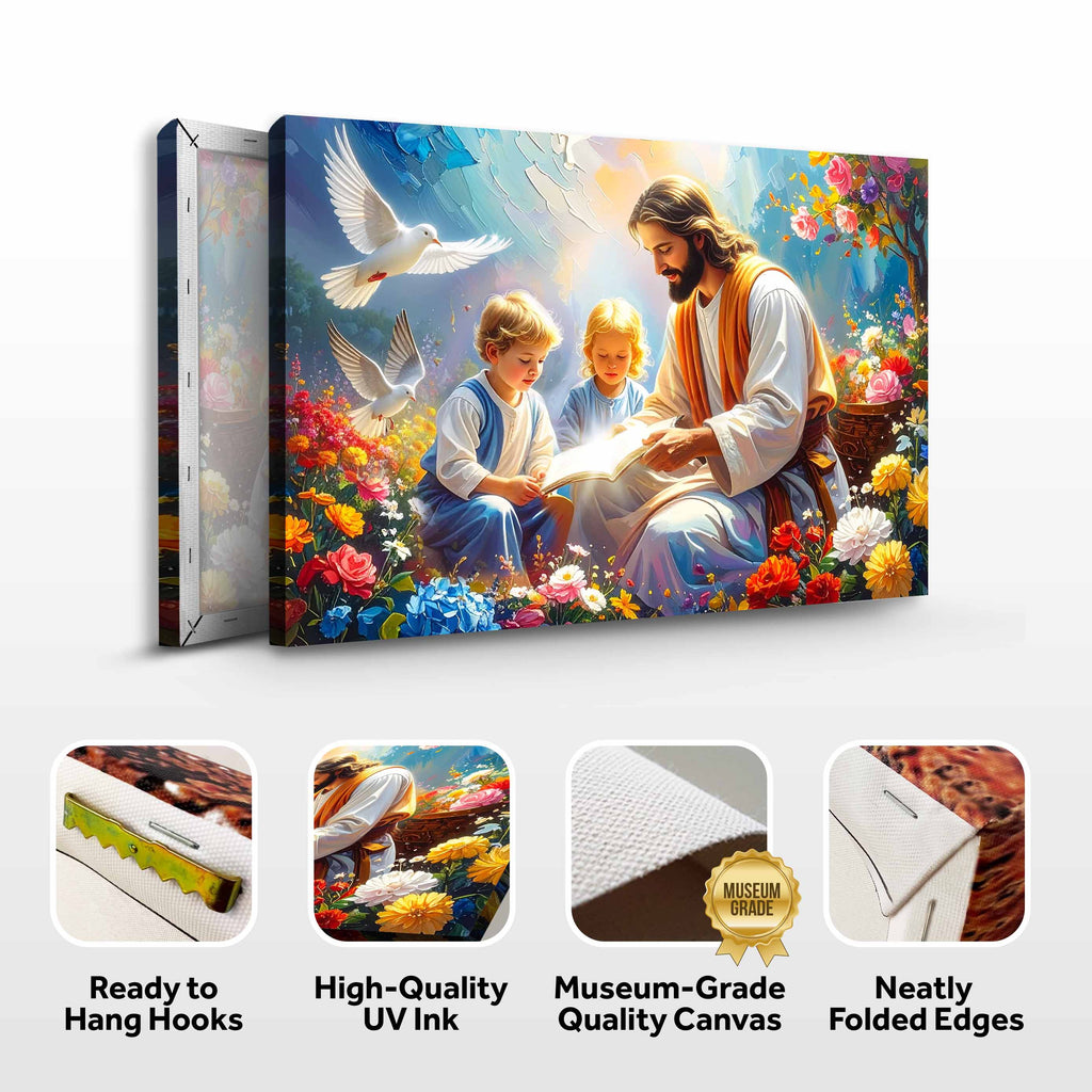 Faith wall art canvas with Jesus reading beside two children, flowers, and doves