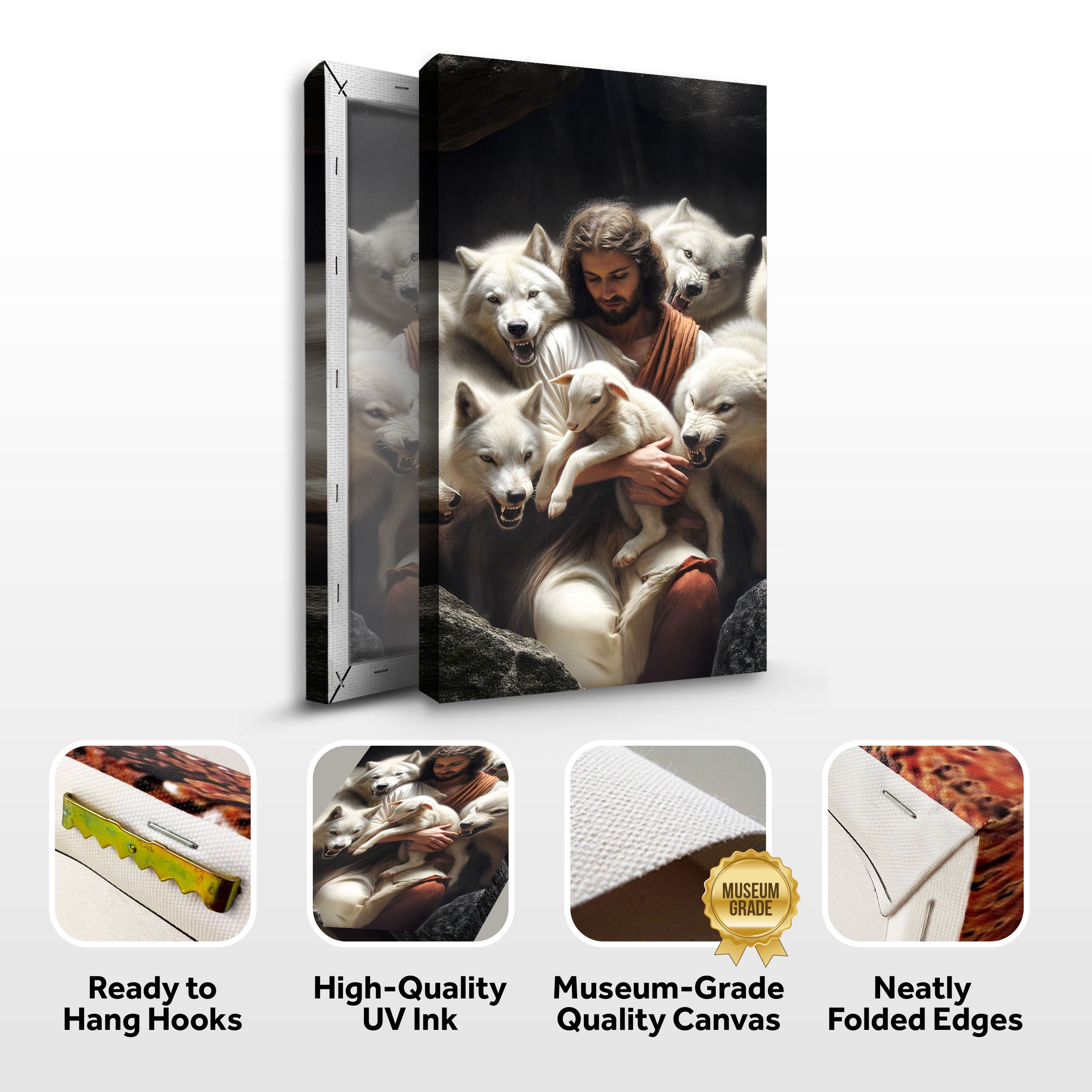 Canvas wall art featuring Jesus holding a lamb surrounded by wolves, black background