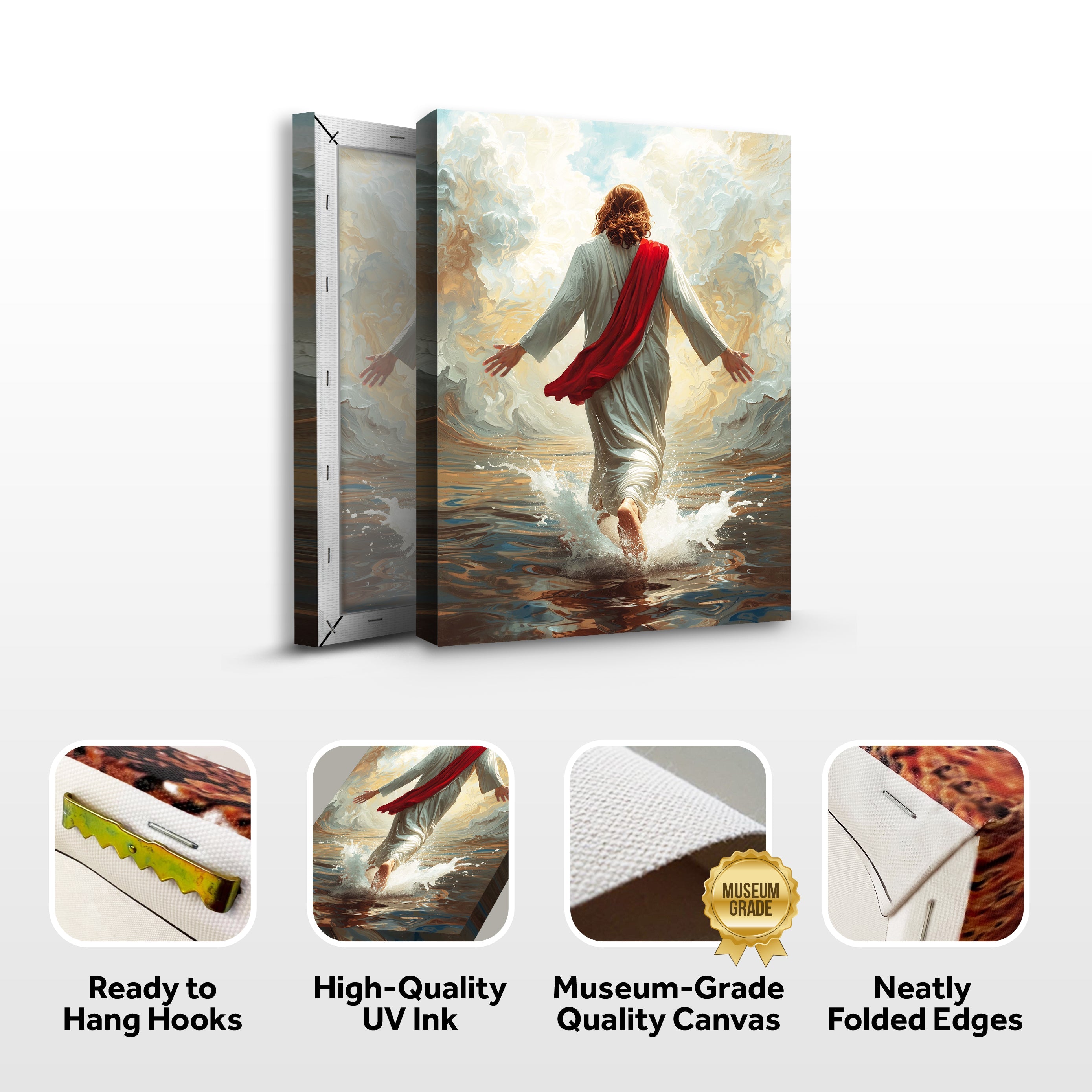 Folded canvas print showing Jesus walking on water; ready-to-hang hooks and UV ink icons