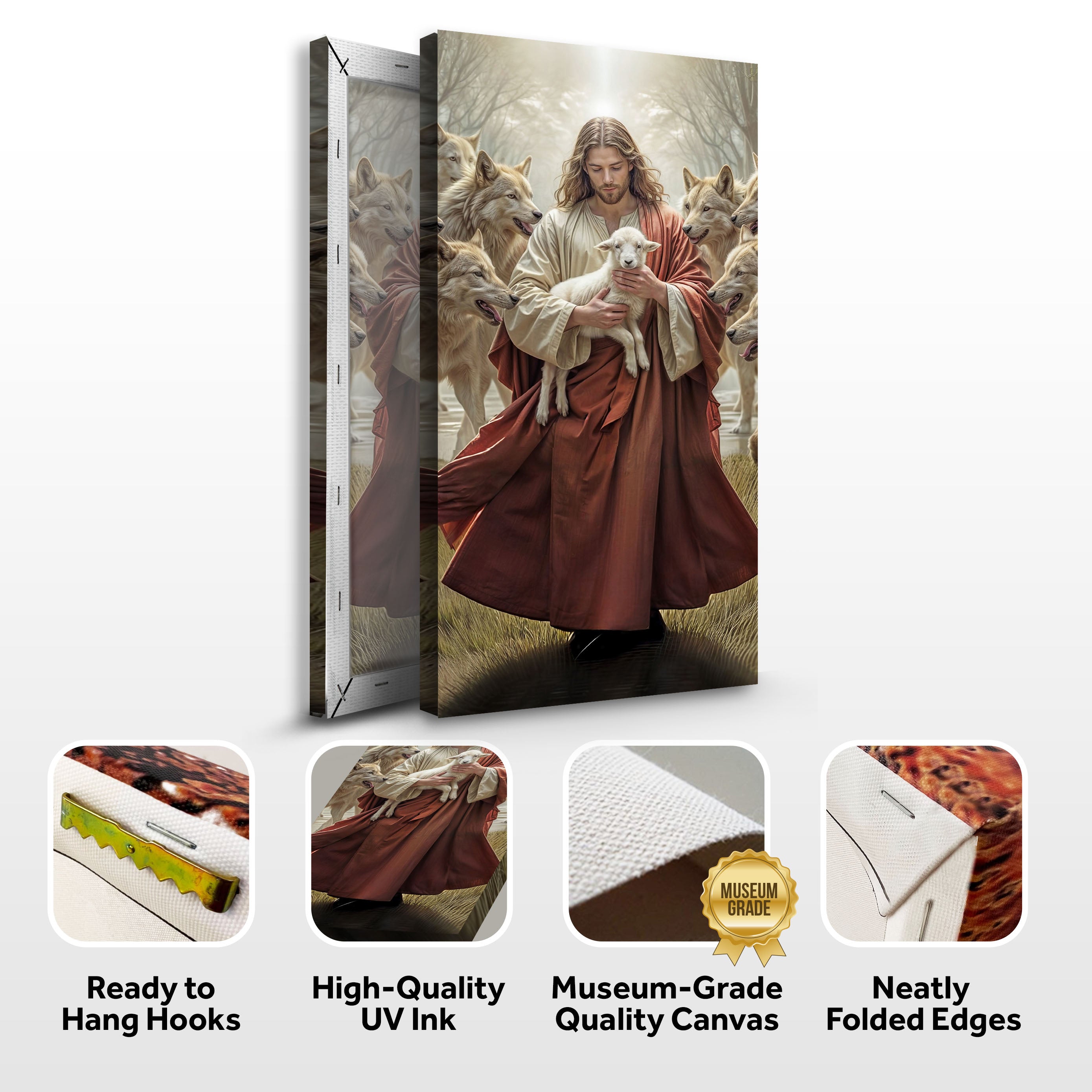 Canvas wall art of Jesus holding a lamb with wolves plus hanging hook icons