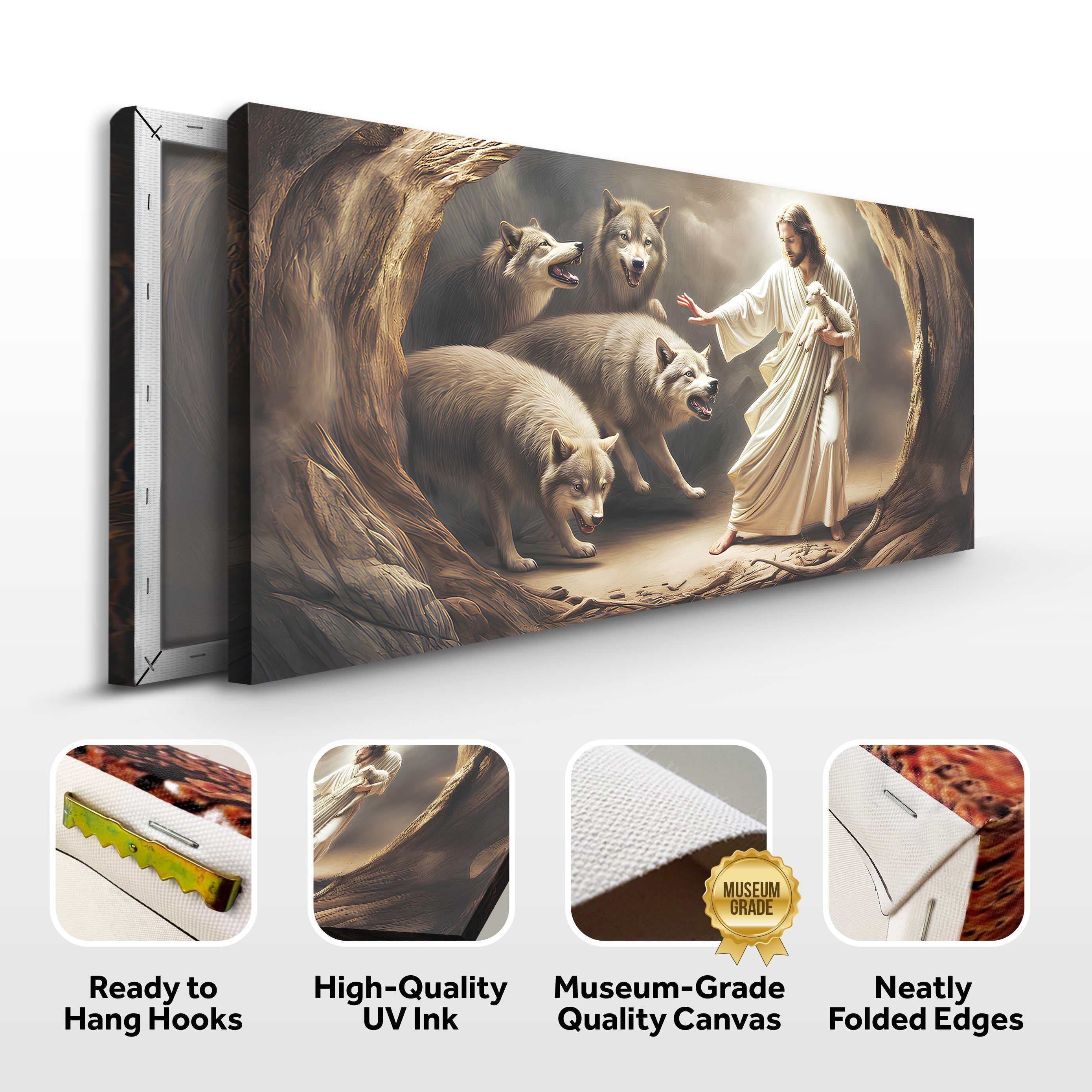 Landscape canvas print with side frame and icons for UV ink and hang hooks