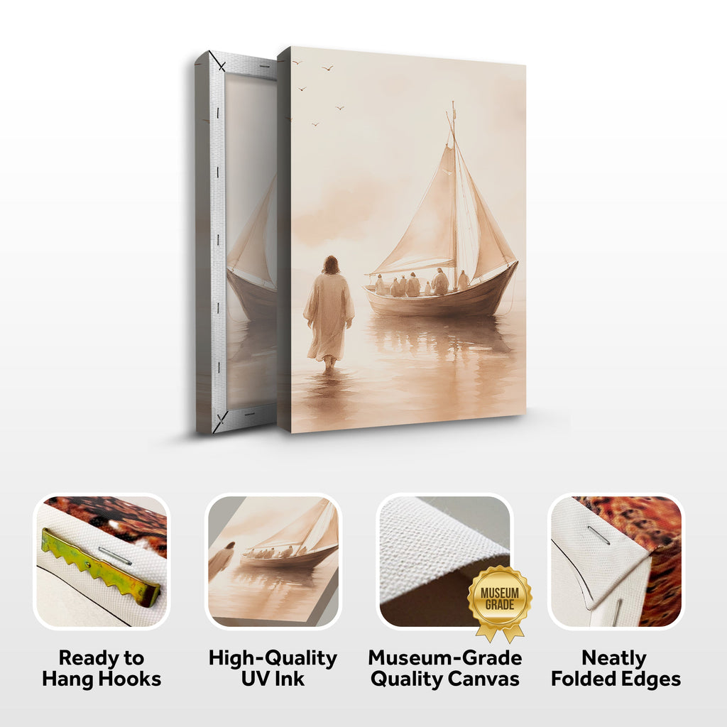 Wall art canvas mockup with sailboat design and icons for hanging and canvas quality
