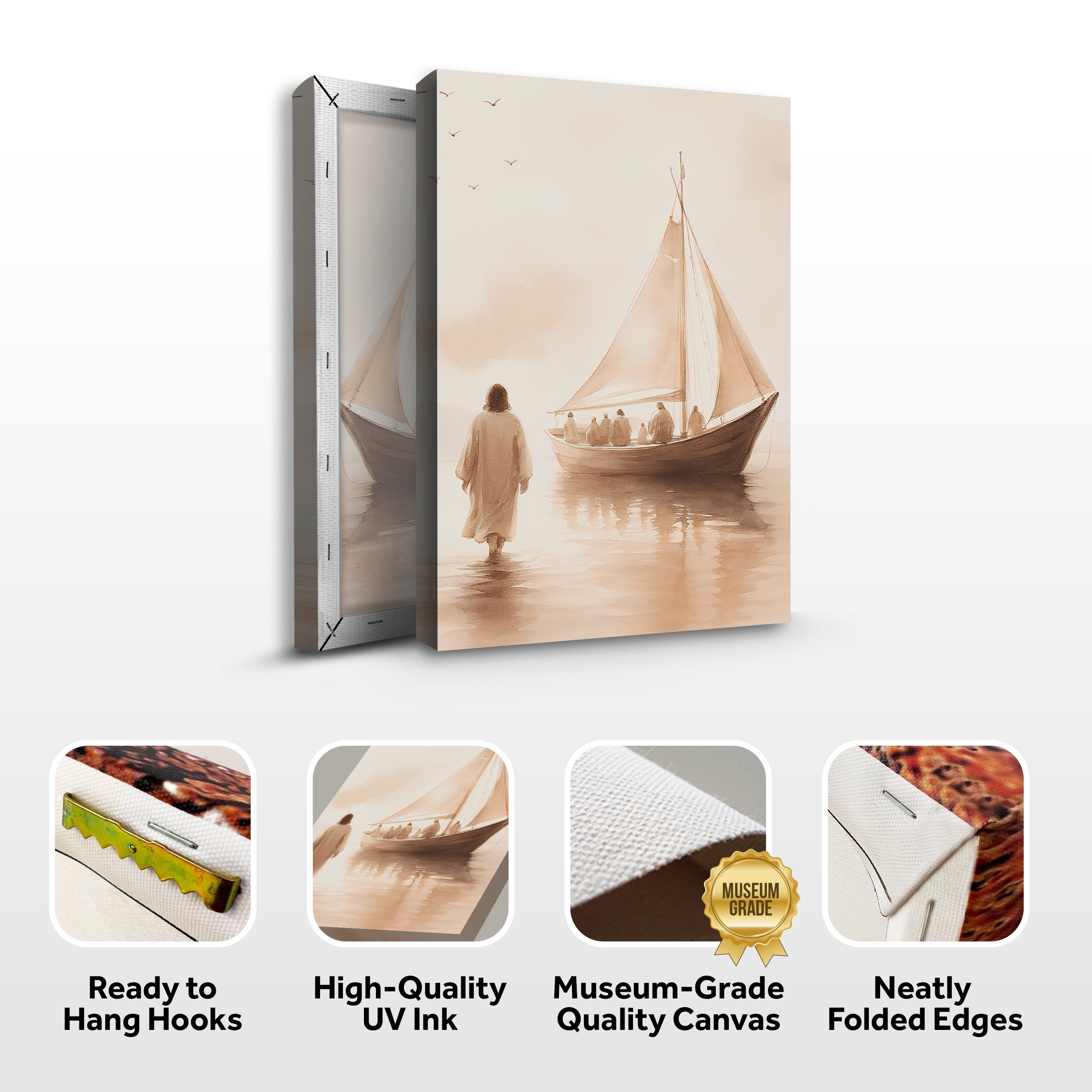 Wall art canvas mockup with sailboat design and icons for hanging and canvas quality