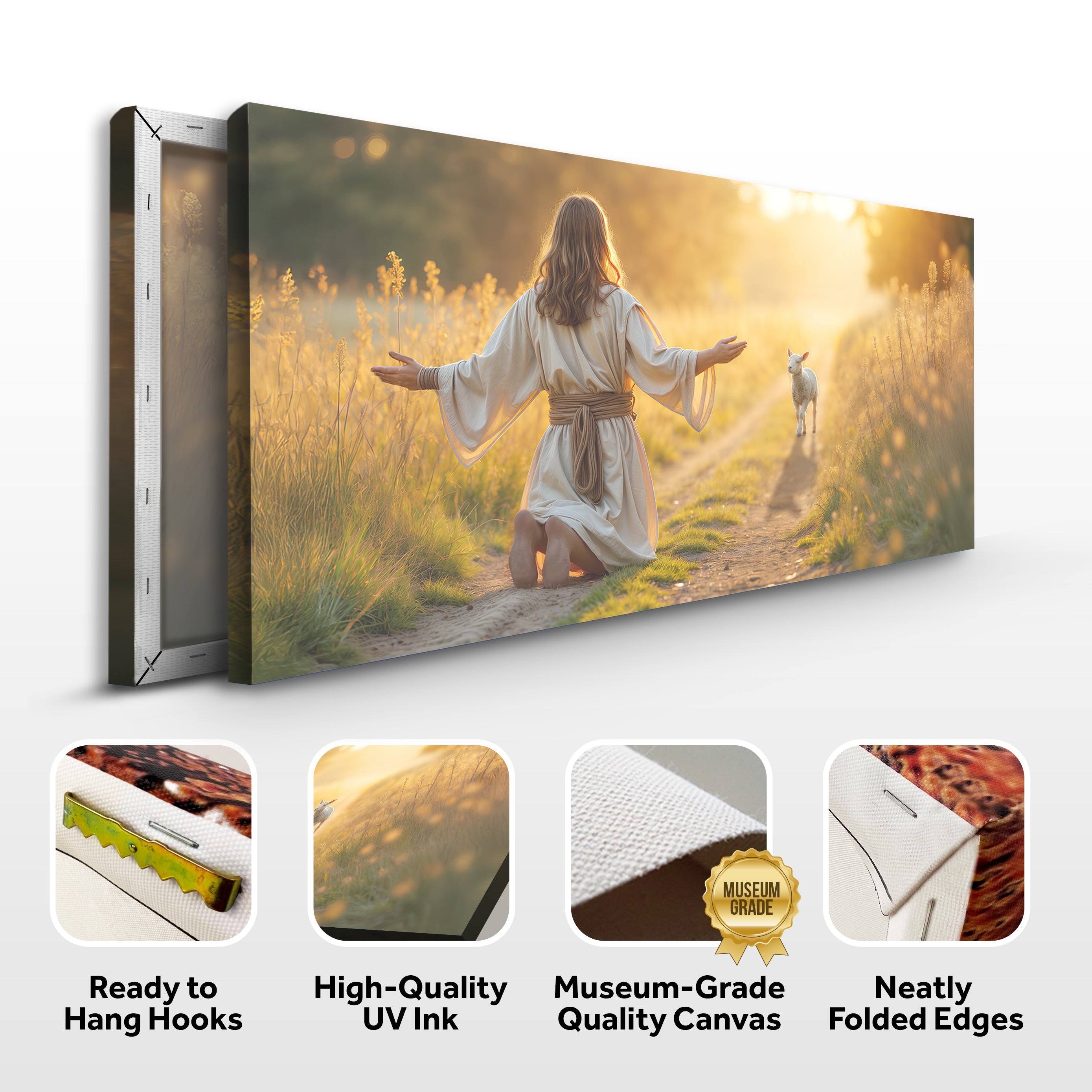 Landscape canvas print with hanging hardware and quality icons for wall display