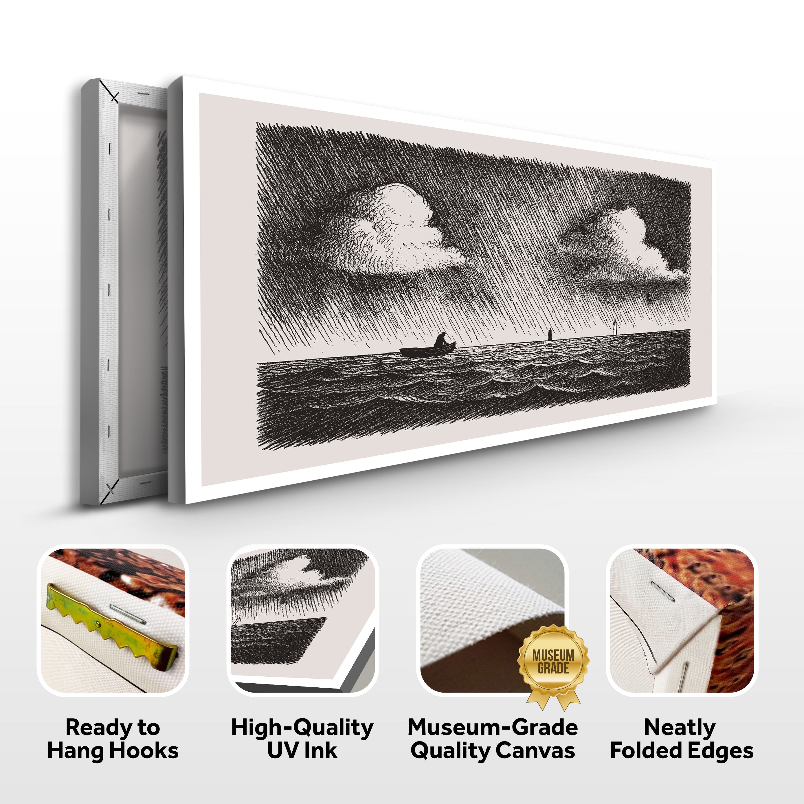 Landscape framed monochrome canvas wall art with ready-to-hang and quality icons