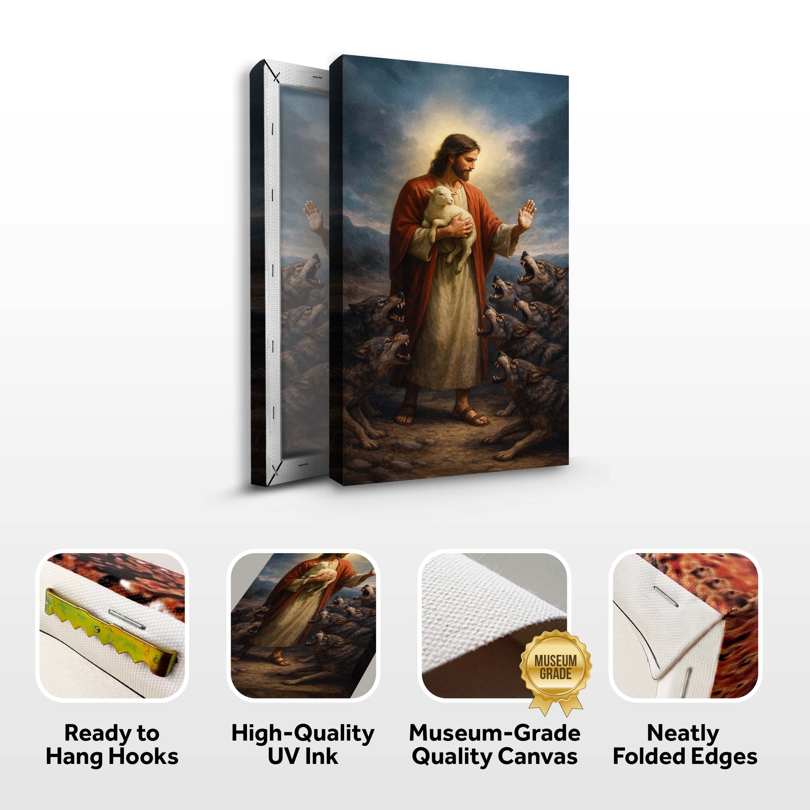Canvas wall art mockup with hanging hooks, UV ink, and folded edges icons
