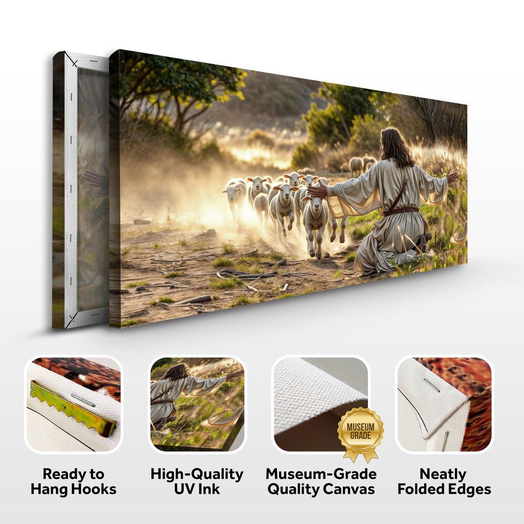 Landscape canvas wall art with ready-to-hang hooks and folded-edge canvas details