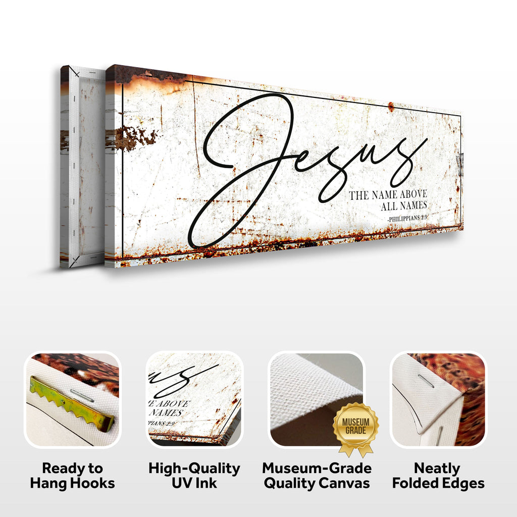 Jesus canvas wall art with hanging hook icons and folded-edge detail, horizontal